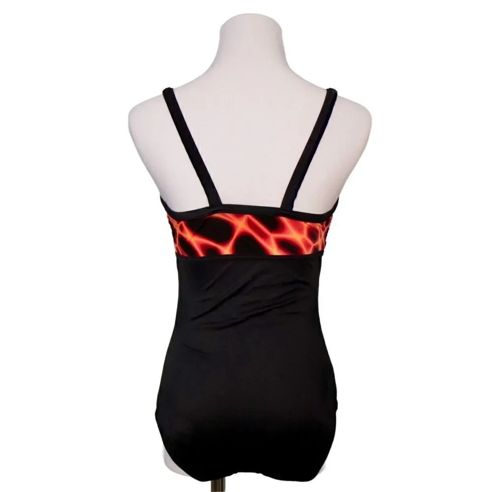 A & H Sportswear On Fire Black‎ Tank 1pc Swimsuit Built in Bra sz MEDIUM (8-10)